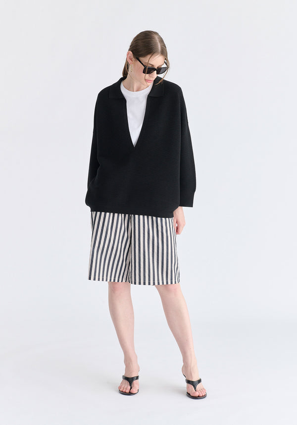 Low Cut Polo Collar Ribbed Jumper