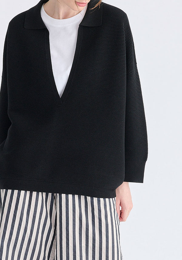 Low Cut Polo Collar Ribbed Jumper