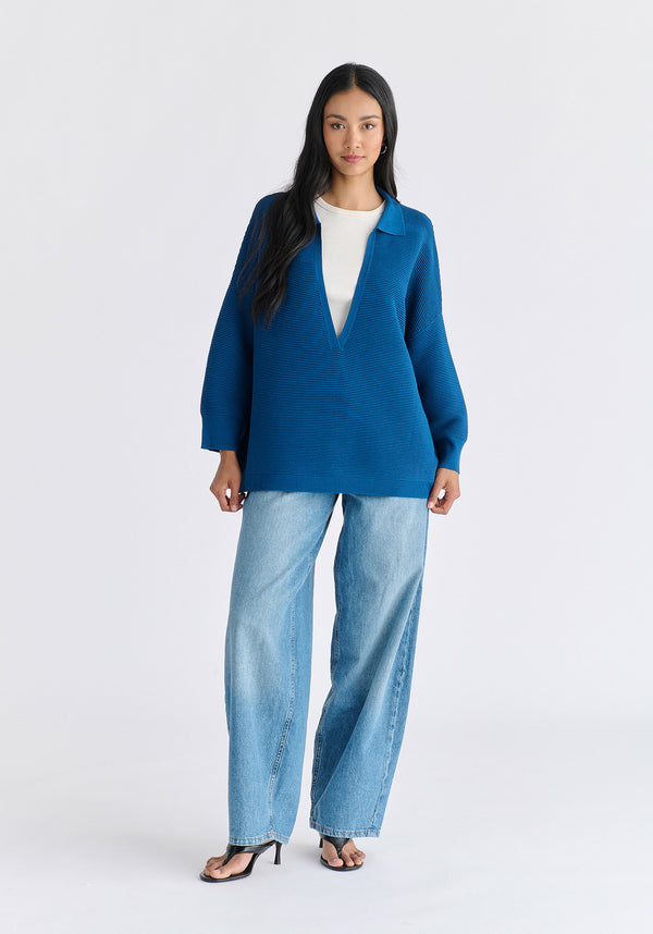 Low Cut Polo Collar Ribbed Jumper in Denim Blue Front