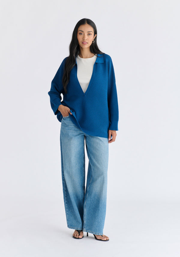 Low Cut Polo Collar Ribbed Jumper in Denim Blue Front