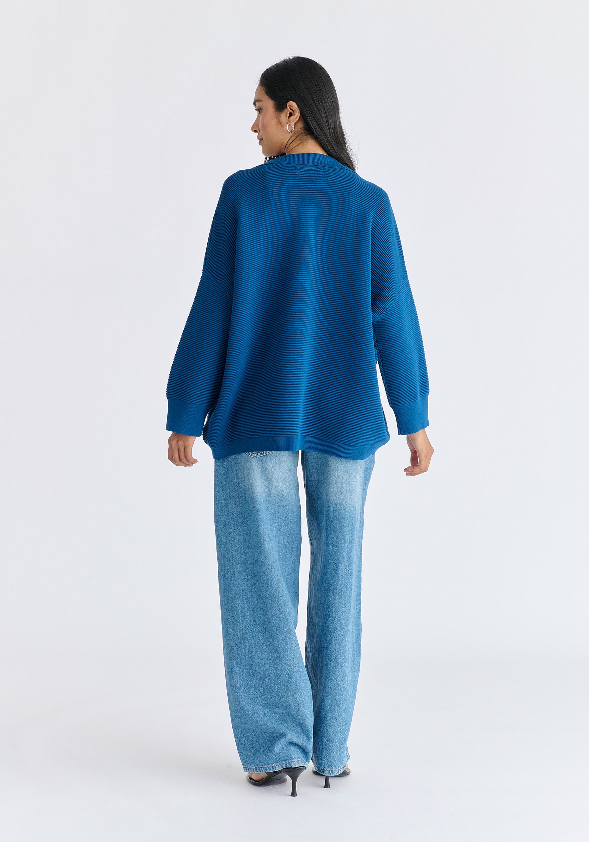 Low Cut Polo Collar Ribbed Jumper in Denim Blue Back