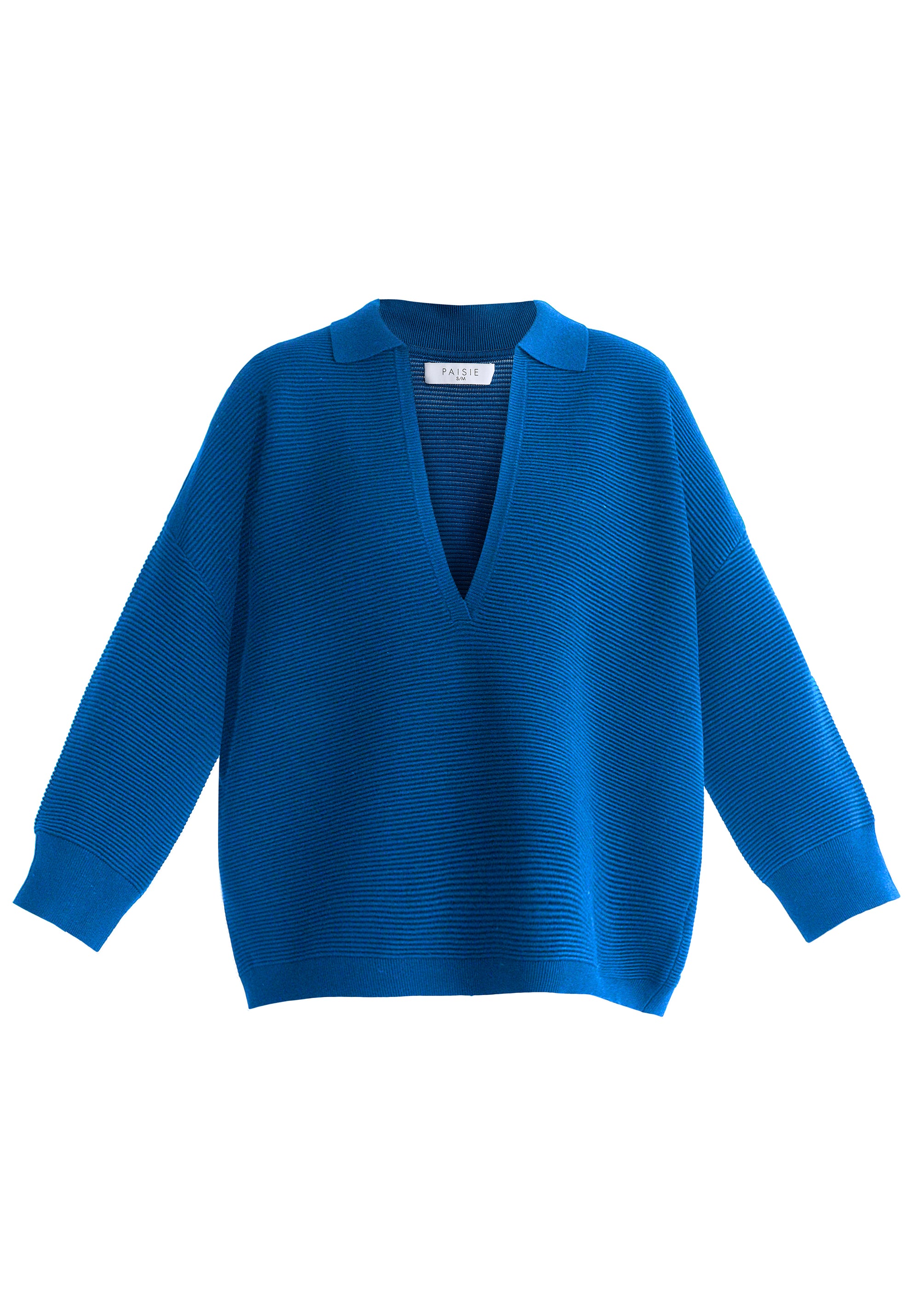 Low Cut Polo Collar Ribbed Jumper in Denim Blue Cutout