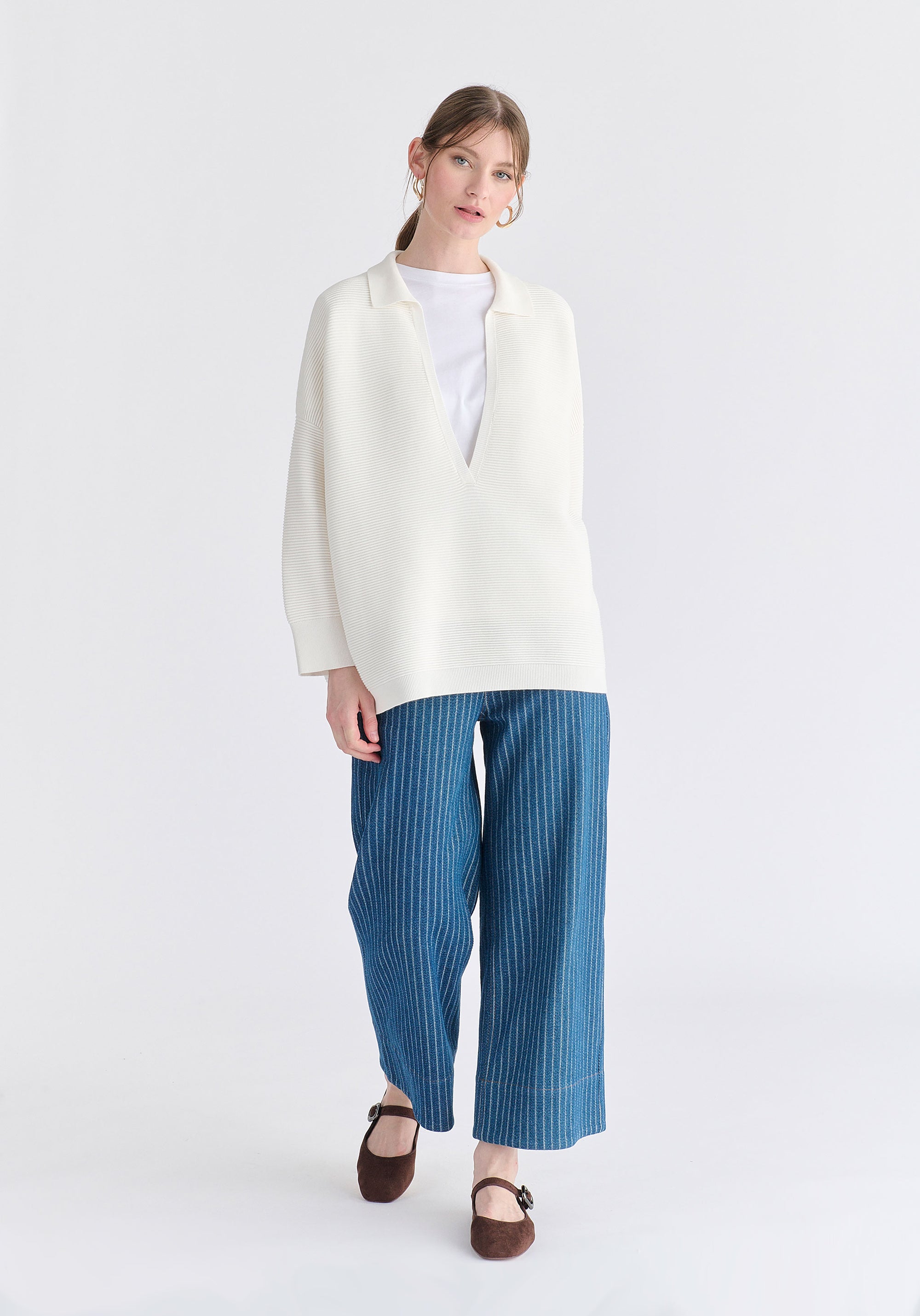 Low Cut Polo Collar Ribbed Jumper in White Front