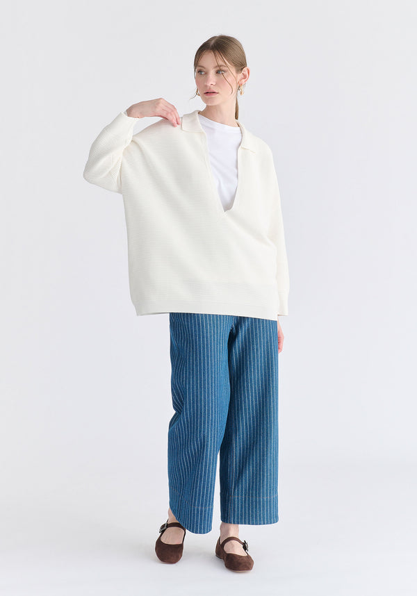 Low Cut Polo Collar Ribbed Jumper in White Front
