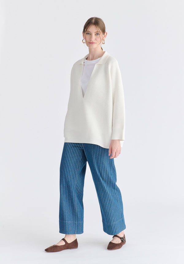 Low Cut Polo Collar Ribbed Jumper in White Side