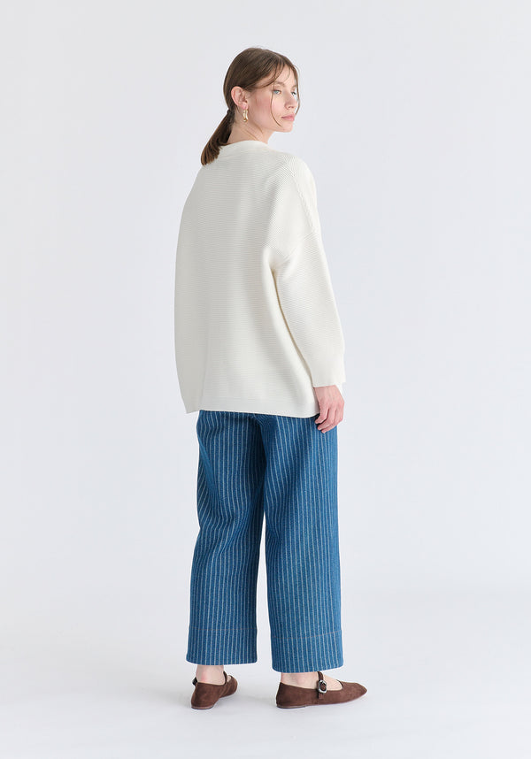 Low Cut Polo Collar Ribbed Jumper in White Back