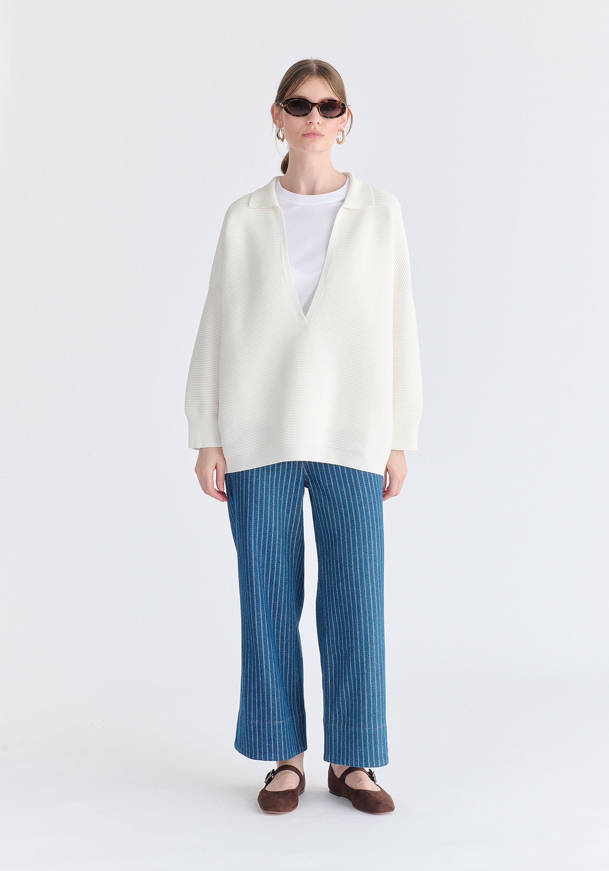 Low Cut Polo Collar Ribbed Jumper in White Front