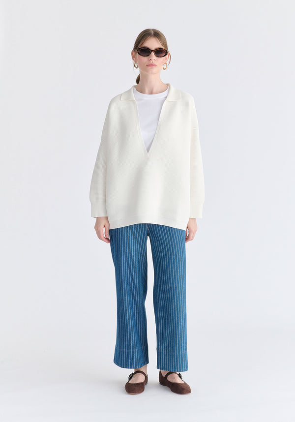 Low Cut Polo Collar Ribbed Jumper in White Front