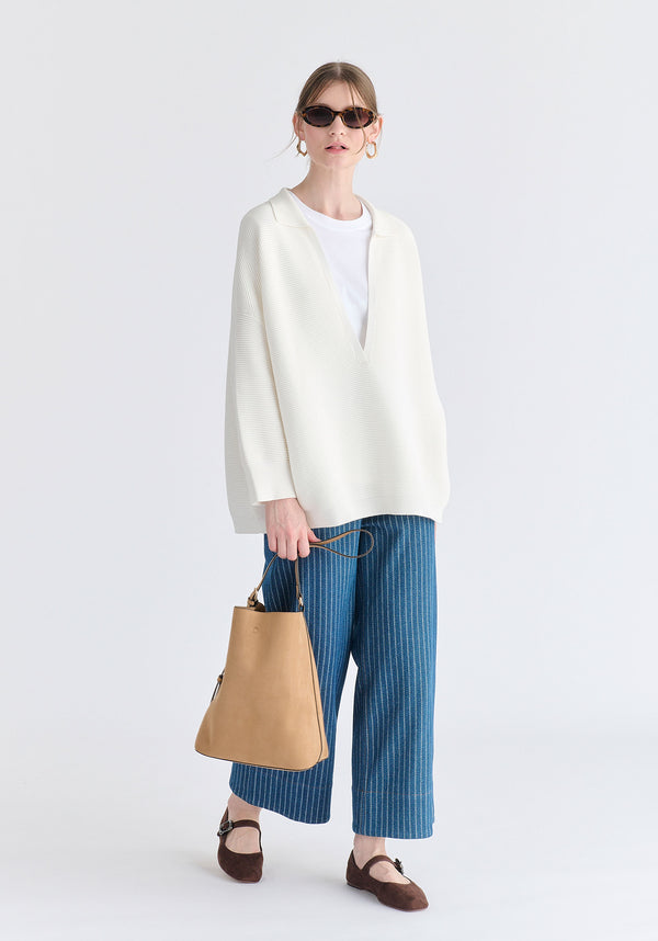 Low Cut Polo Collar Ribbed Jumper in White Side