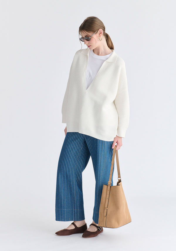 Low Cut Polo Collar Ribbed Jumper in White Side