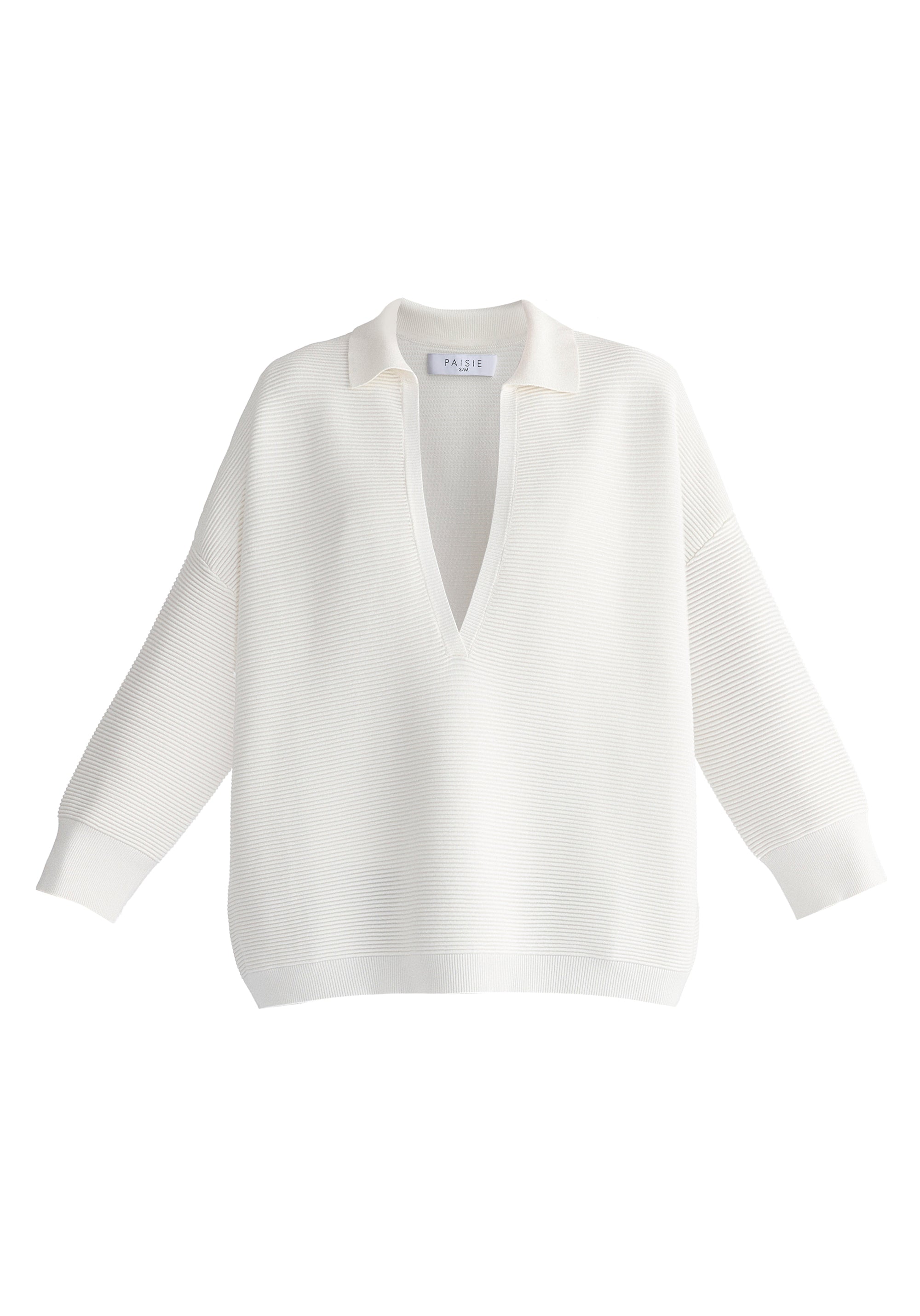 Low Cut Polo Collar Ribbed Jumper in White Cutout