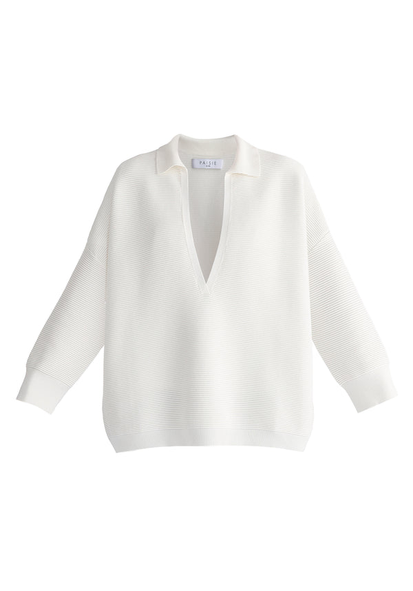 Low Cut Polo Collar Ribbed Jumper in White Cutout