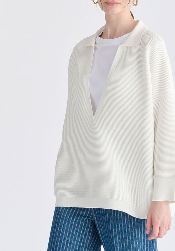 Low Cut Polo Collar Ribbed Jumper in White Closeup