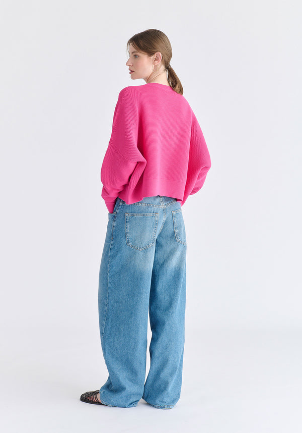Cropped Ribbed Jumper in Hot Pink Back
