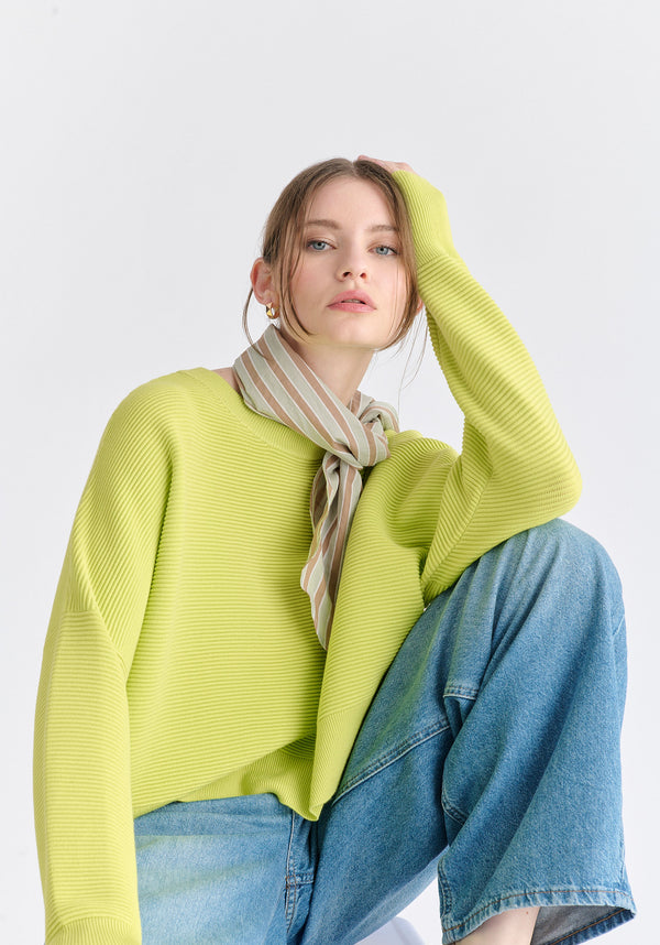 Cropped Ribbed Jumper in Lime Front