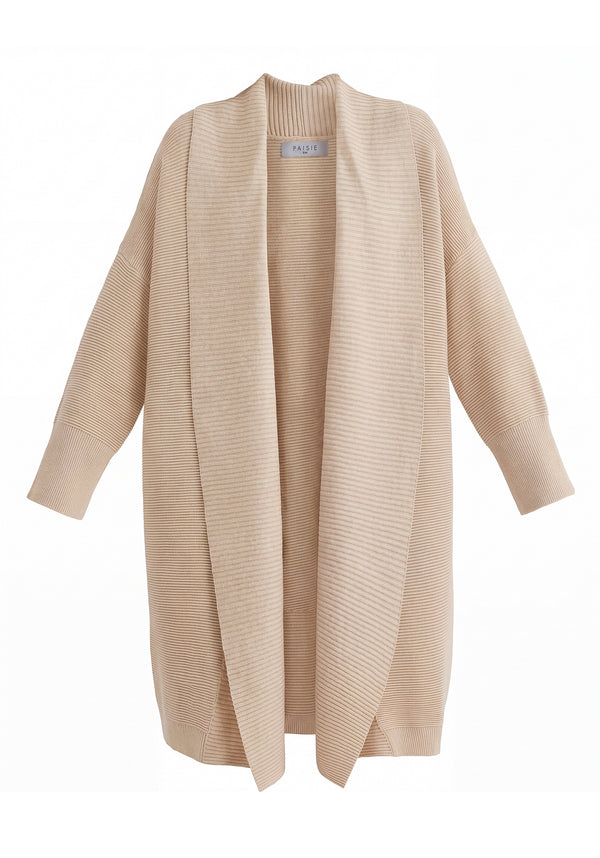 Draped Collar Ribbed Cardigan in Almond Cutout