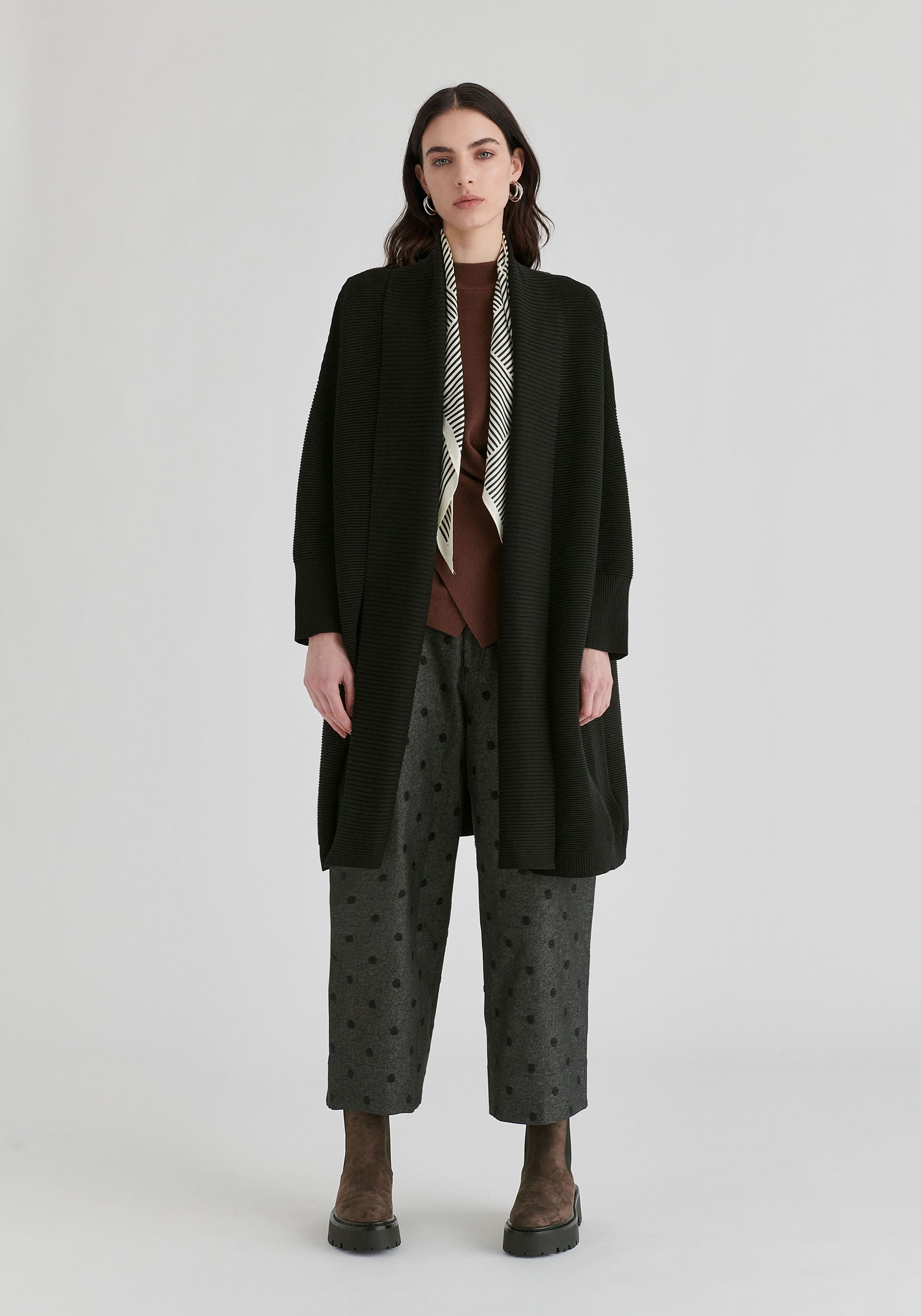 Draped Collar Ribbed Cardigan