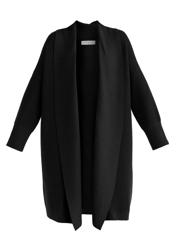 Draped Collar Ribbed Cardigan in Black Cutout