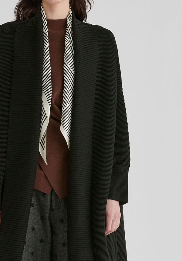Draped Collar Ribbed Cardigan in Black Closeup