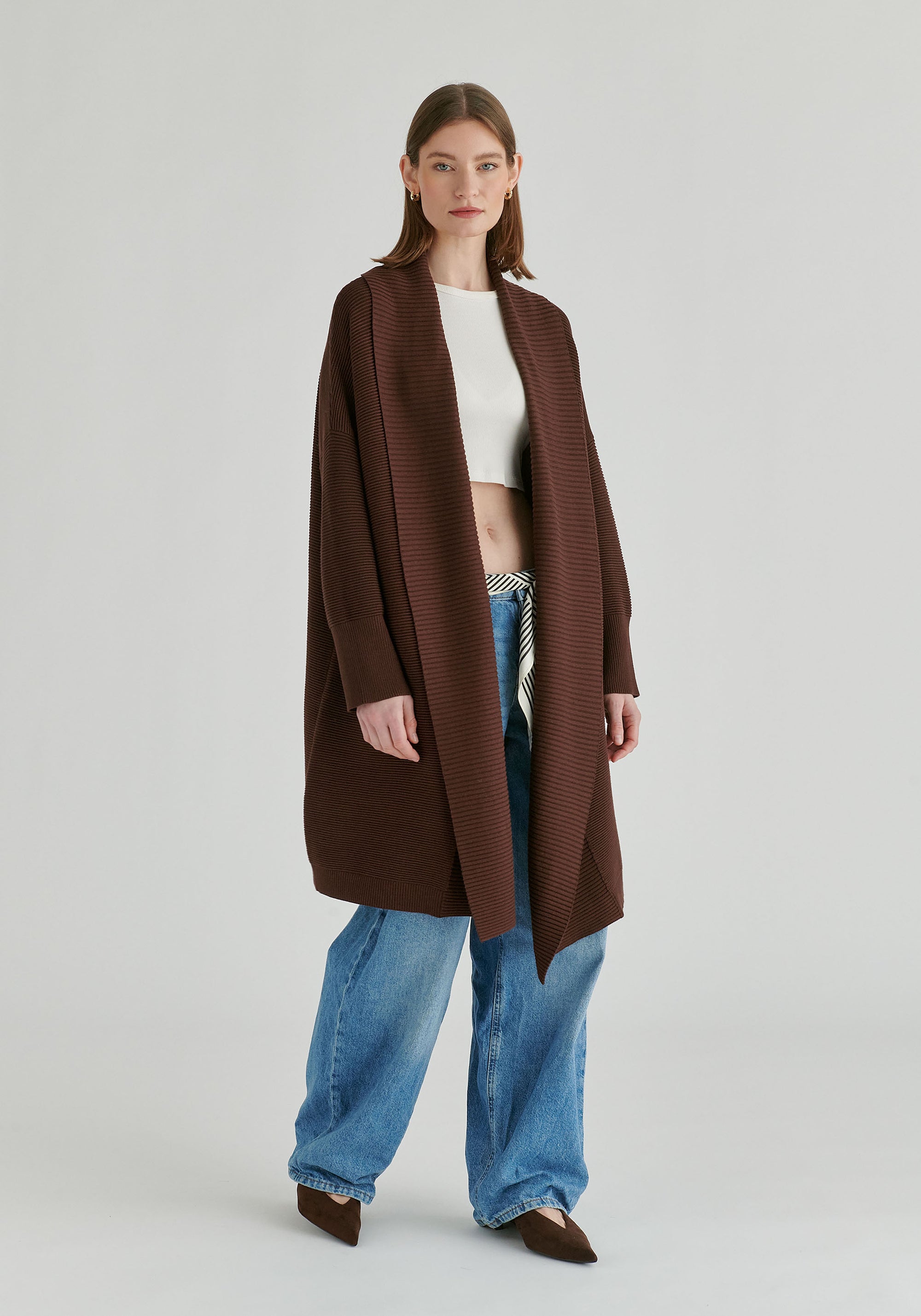 Draped Collar Ribbed Cardigan