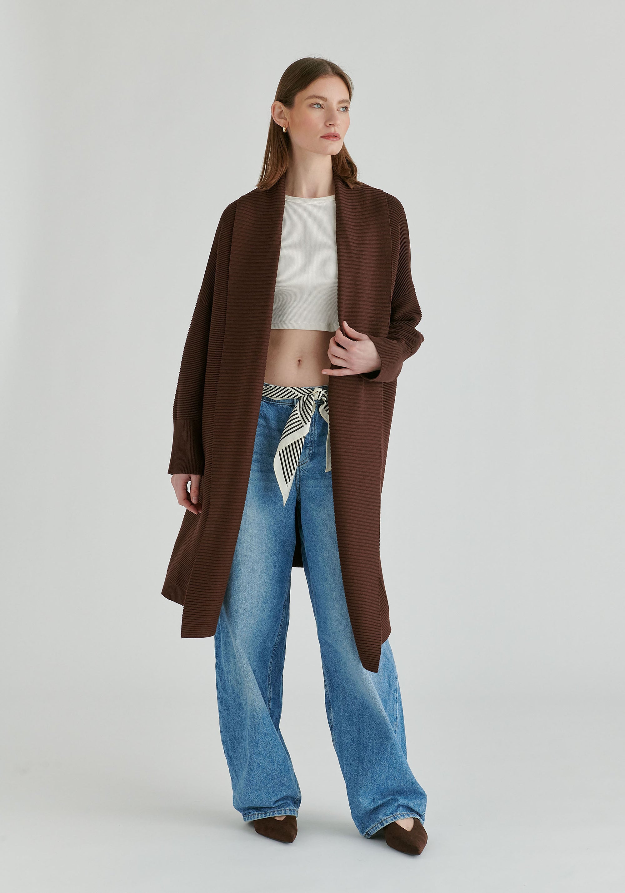 Draped Collar Ribbed Cardigan