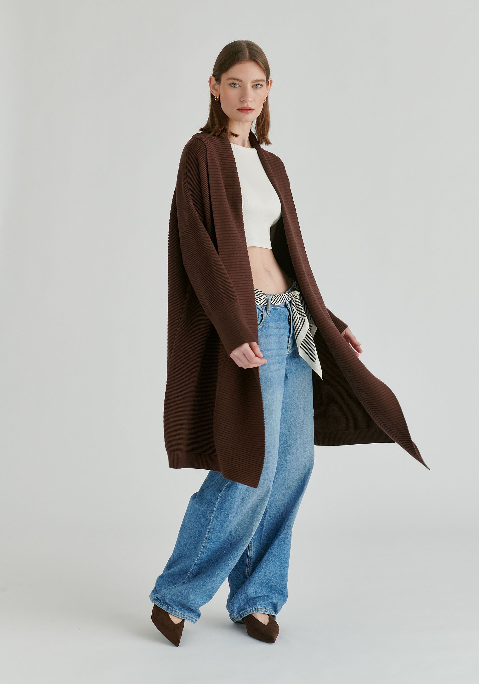 Draped Collar Ribbed Cardigan