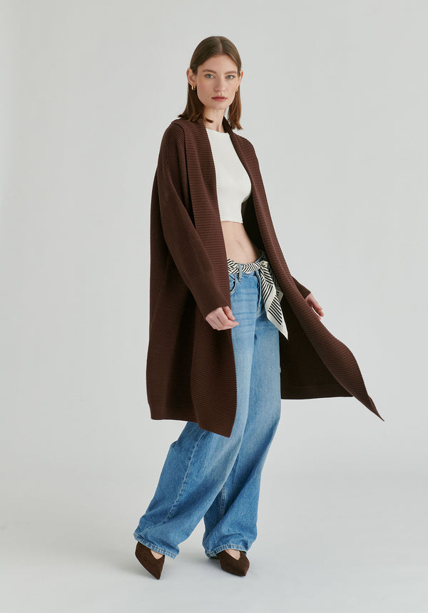 Draped Collar Ribbed Cardigan in Brown Front