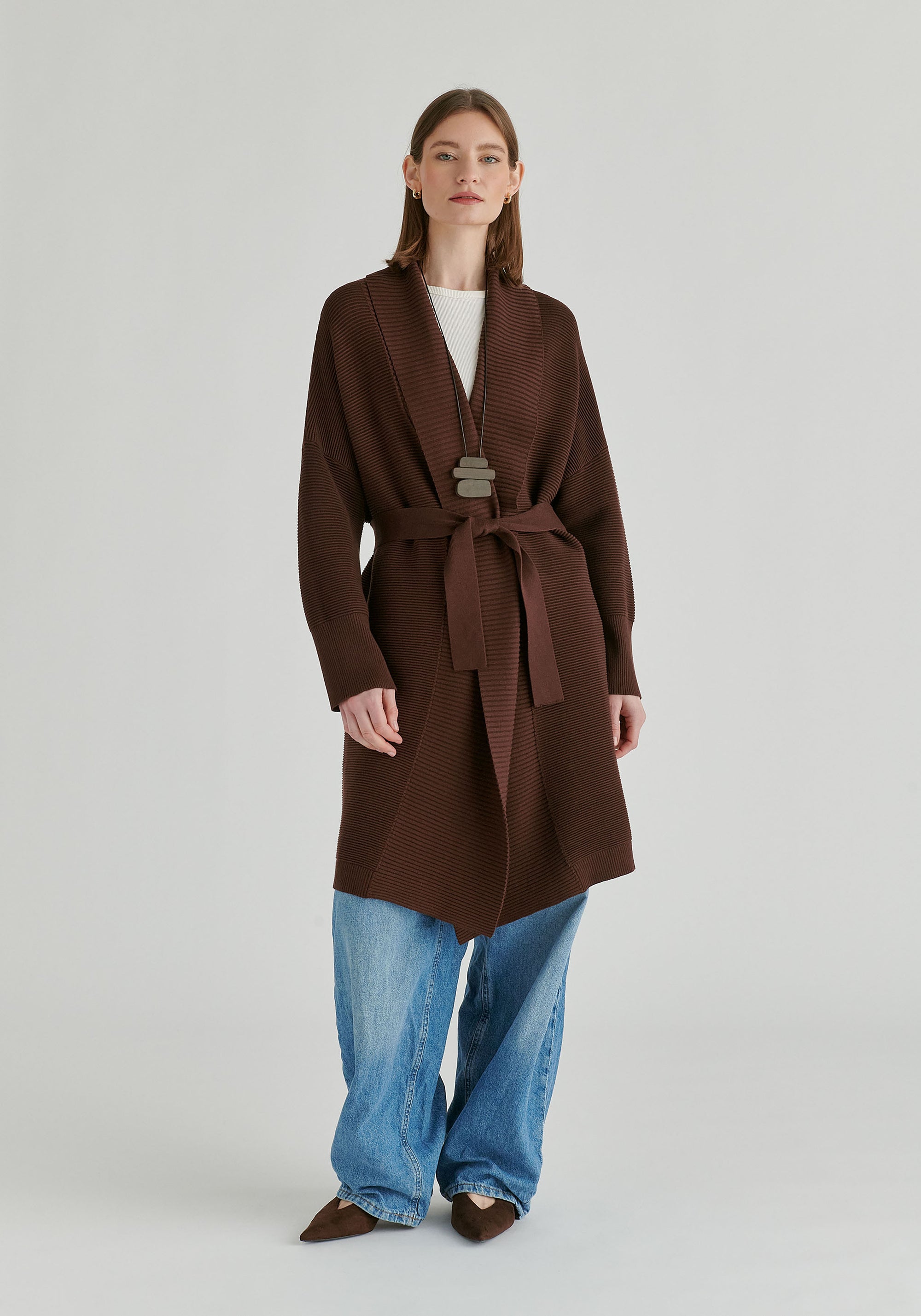 Draped Collar Ribbed Cardigan