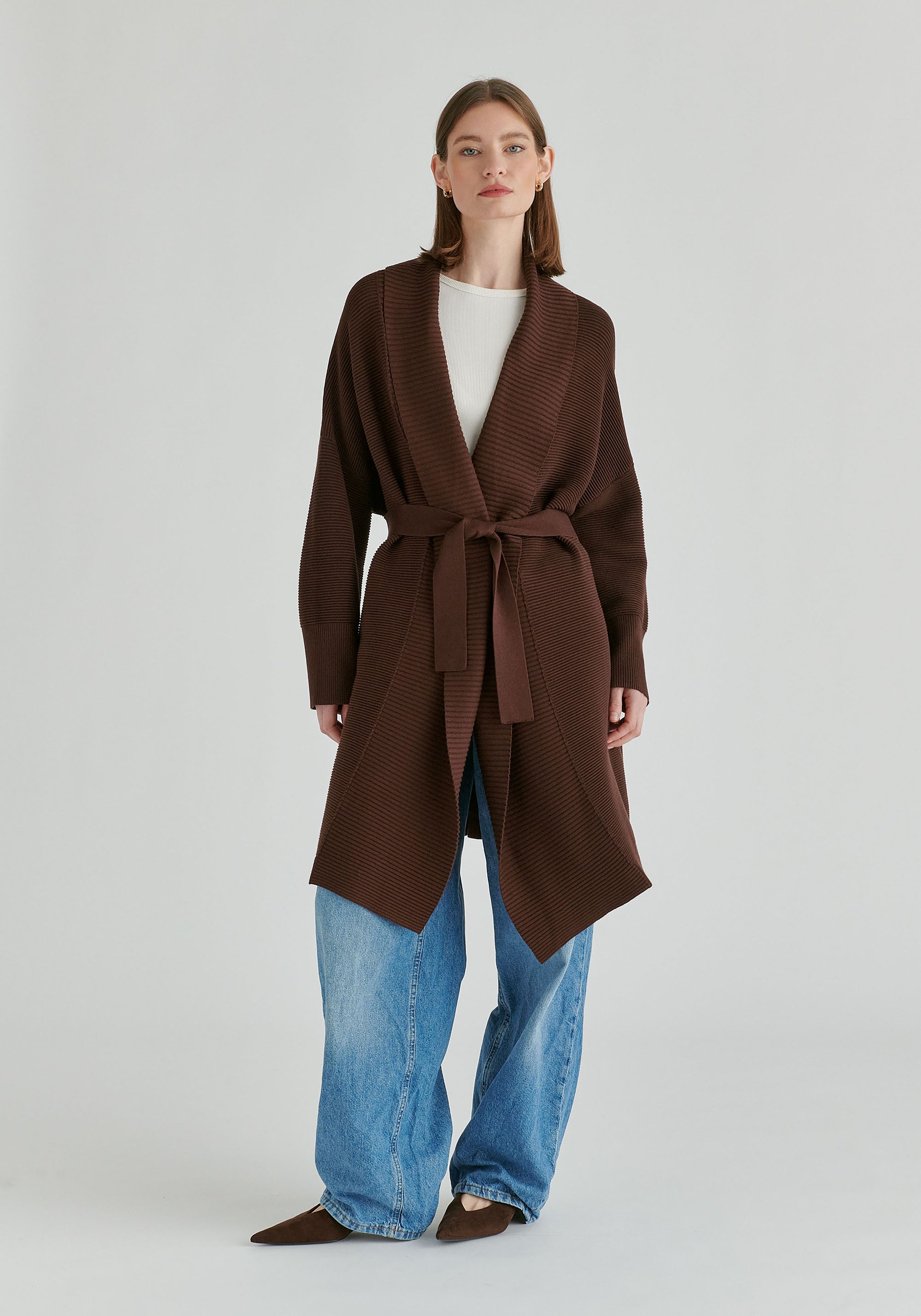 Draped Collar Ribbed Cardigan