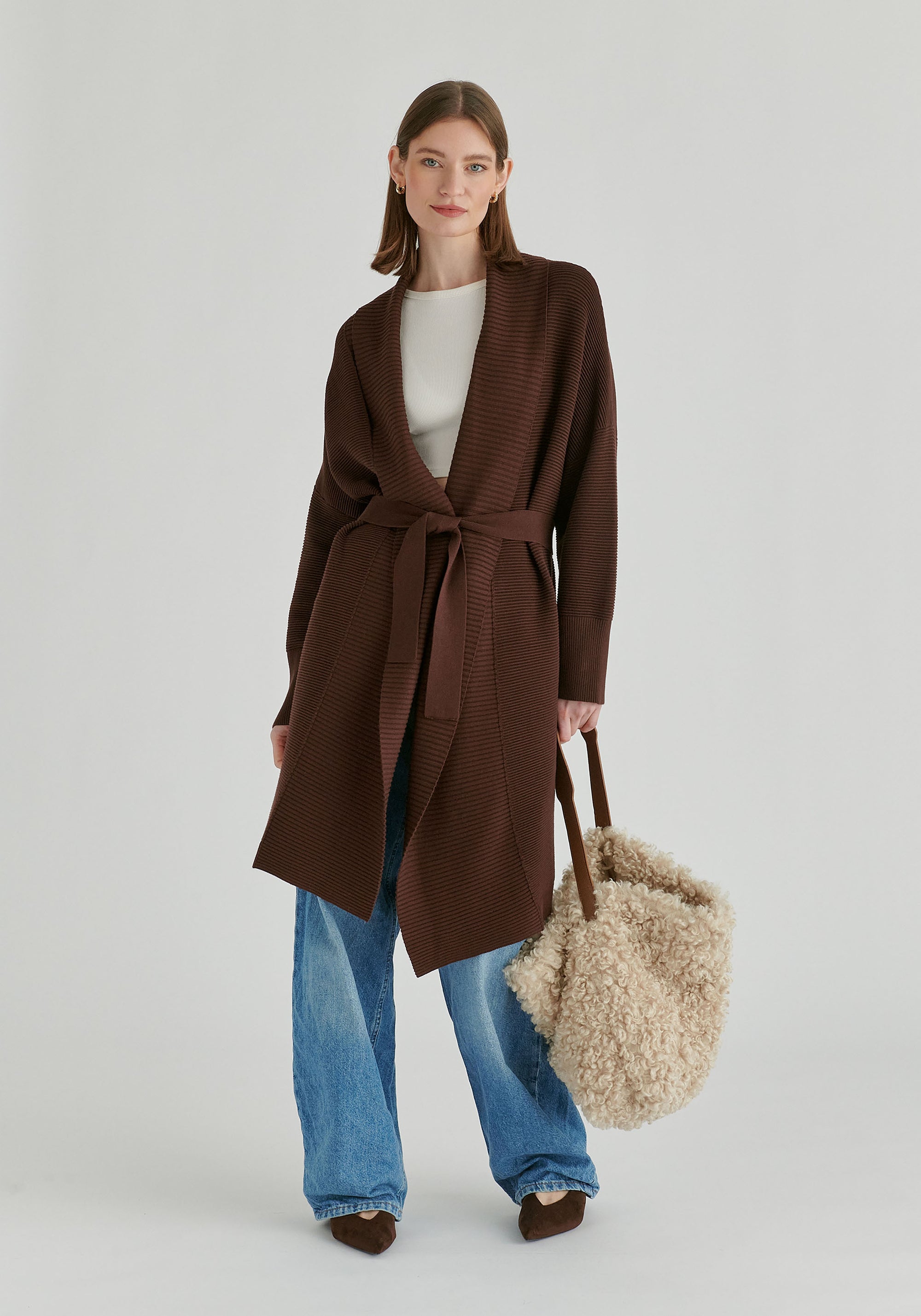 Draped Collar Ribbed Cardigan