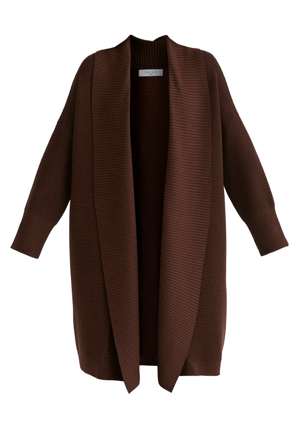 Draped Collar Ribbed Cardigan in Brown Cutout