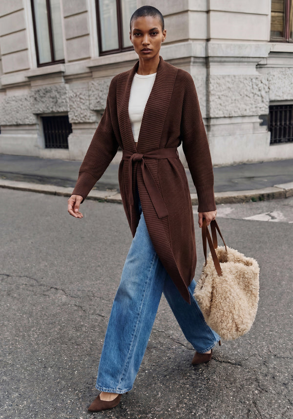 Draped Collar Ribbed Cardigan