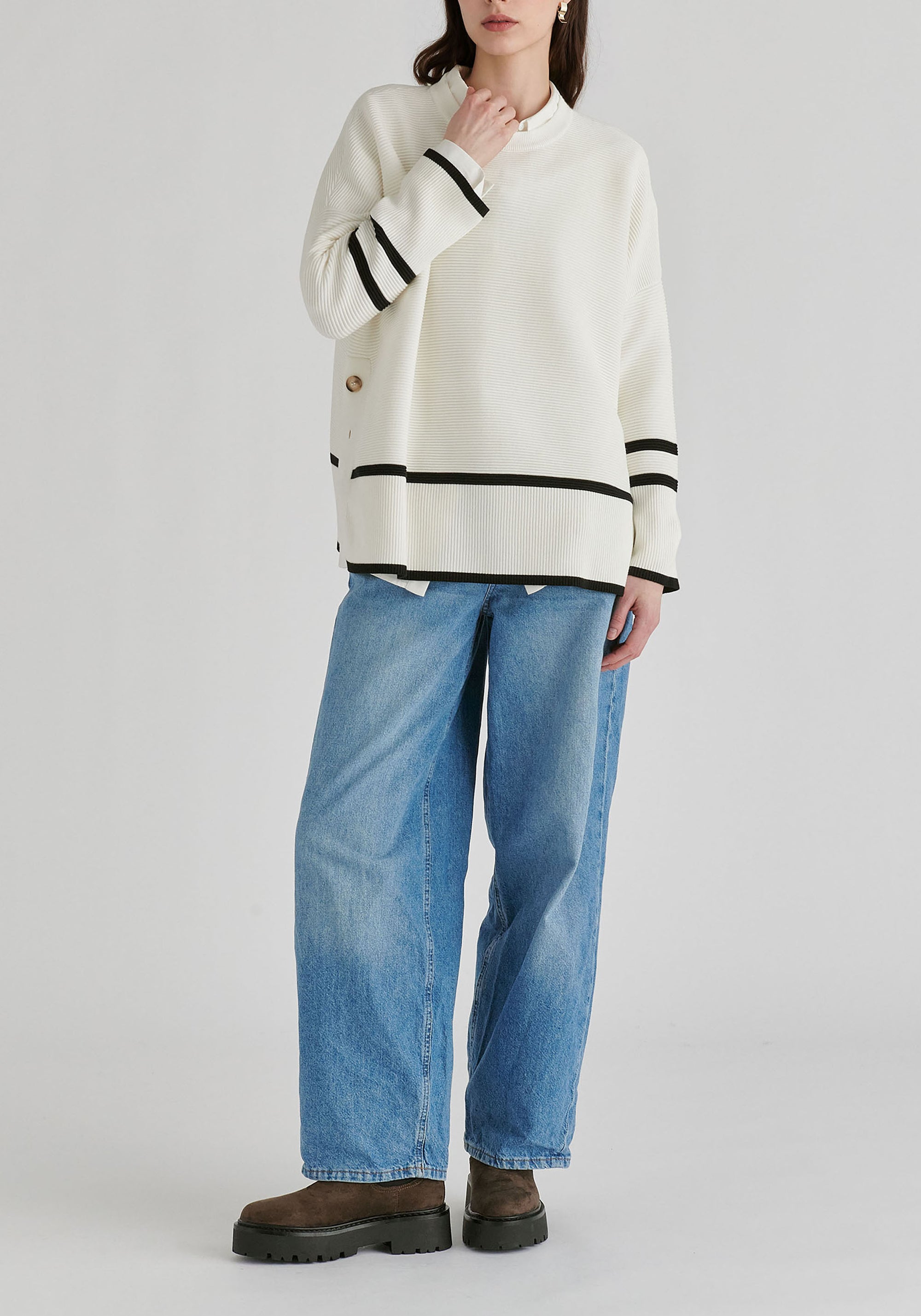Striped Details Ribbed Jumper with Side Buttons