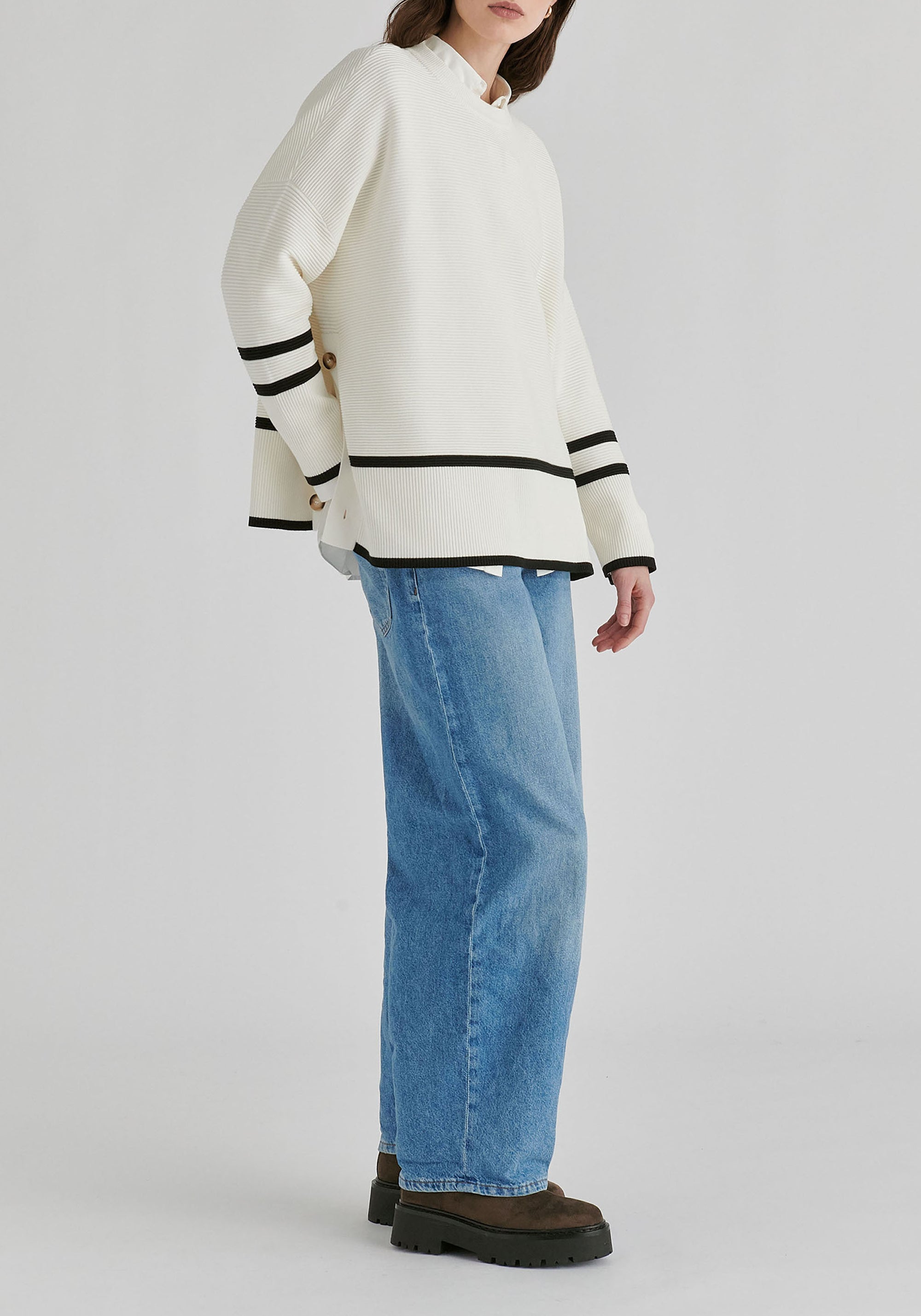 Striped Details Ribbed Jumper with Side Buttons