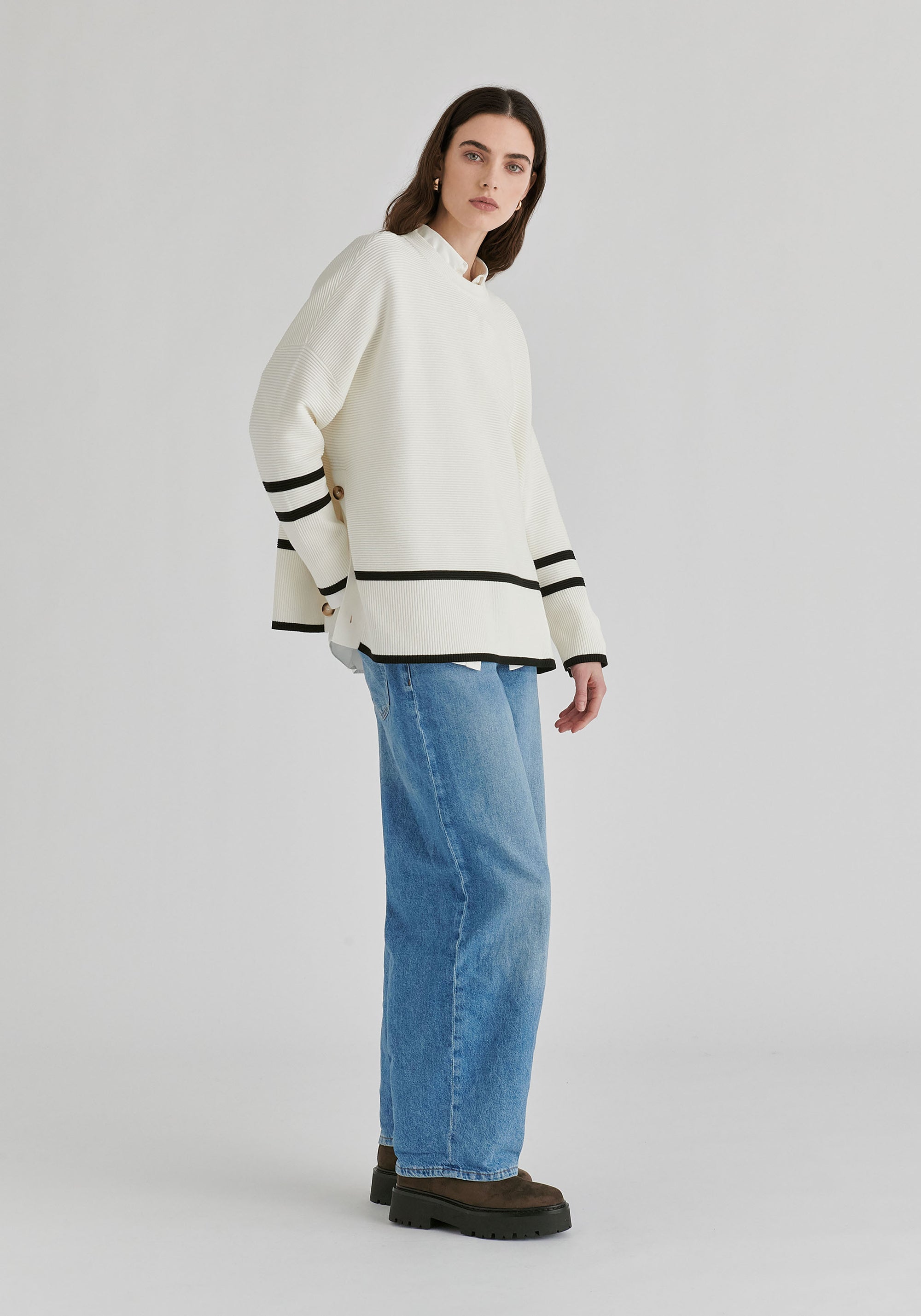 Striped Details Ribbed Jumper with Side Buttons