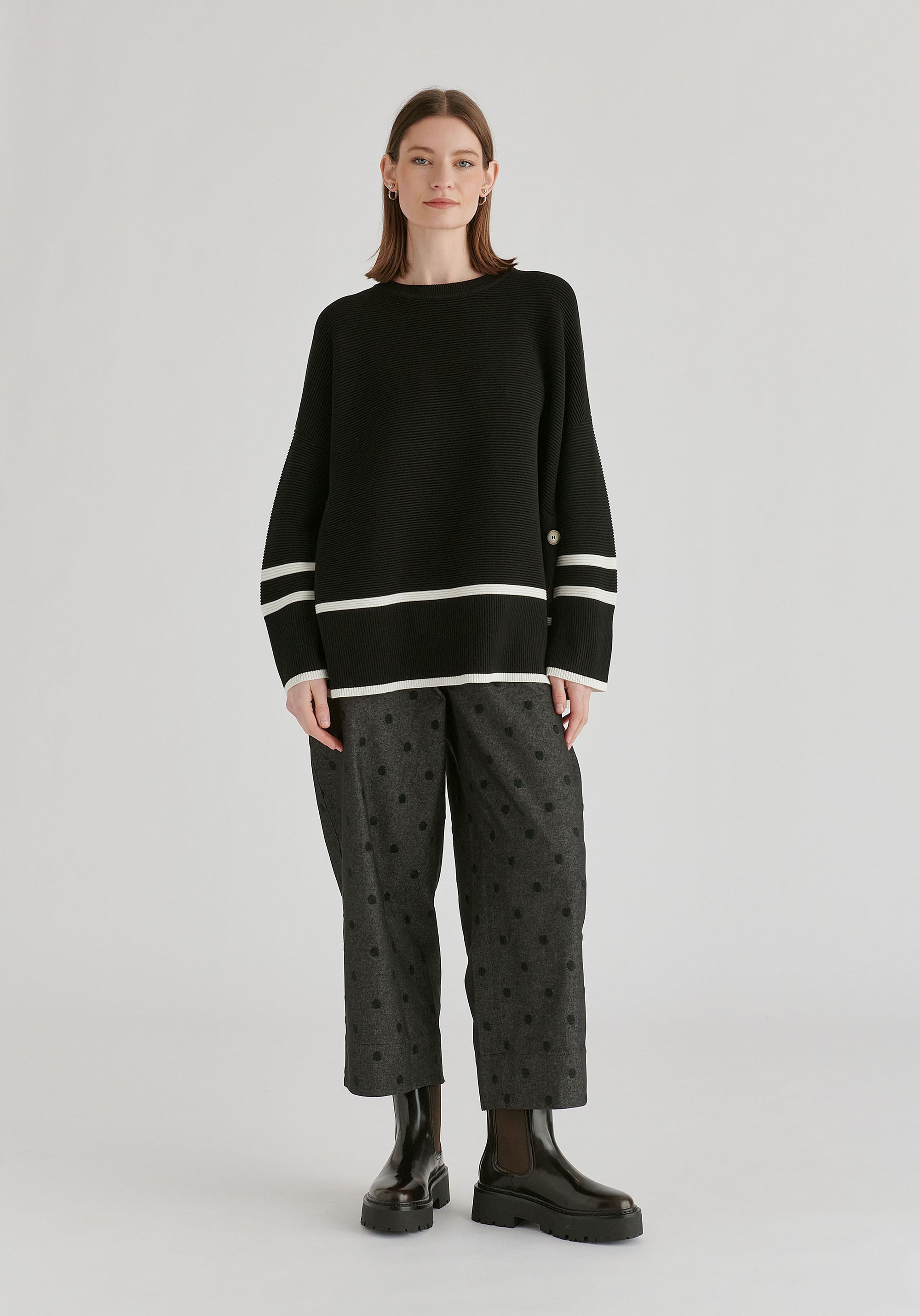 Striped Details Ribbed Jumper with Side Buttons