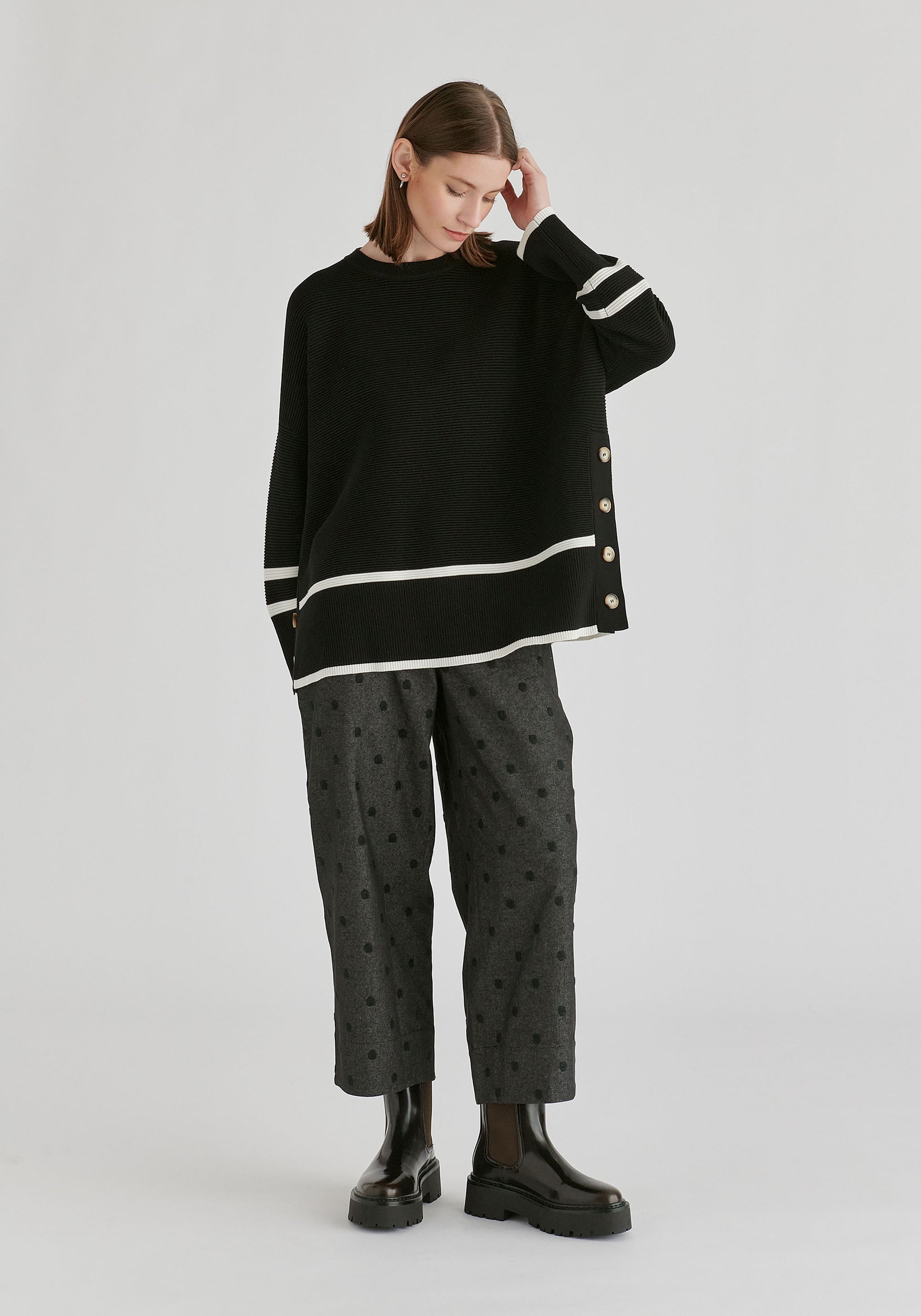 Striped Details Ribbed Jumper with Side Buttons