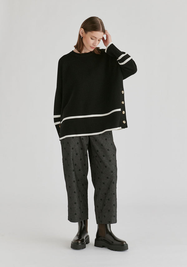 Striped Details Ribbed Jumper with Side Buttons
