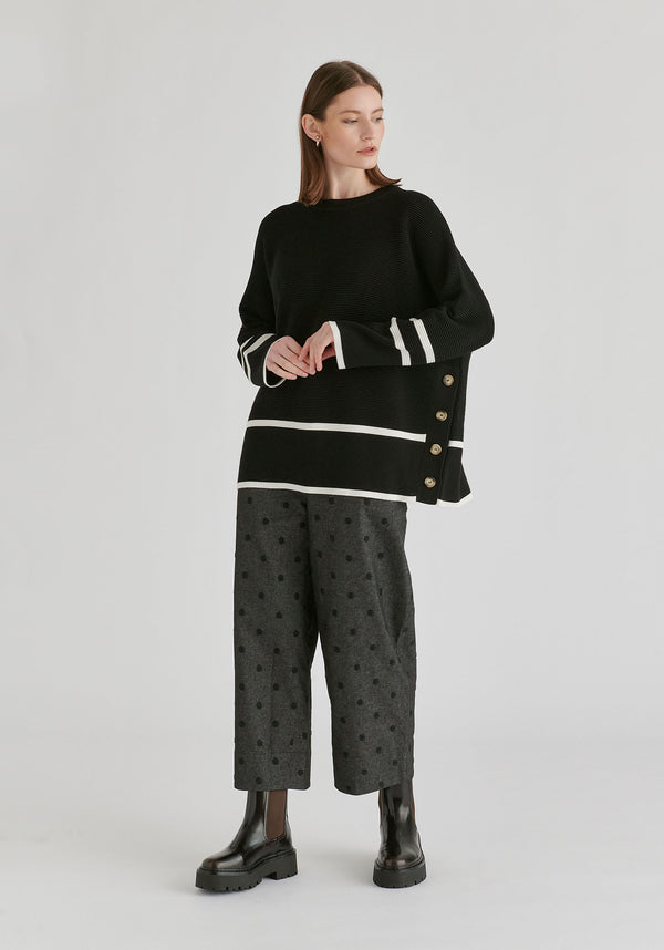 Striped Details Ribbed Jumper with Side Buttons