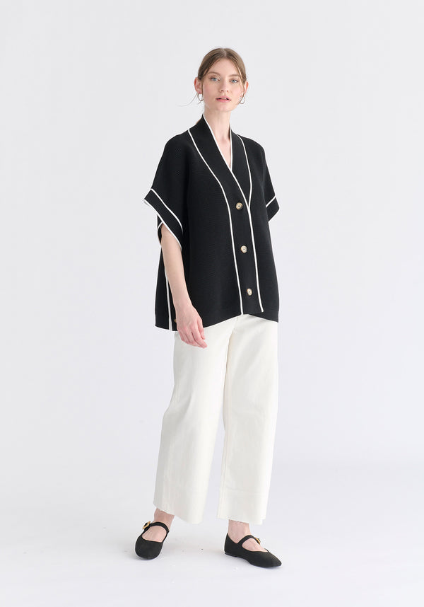 Button Details Kimono Ribbed Cardigan in Black Front