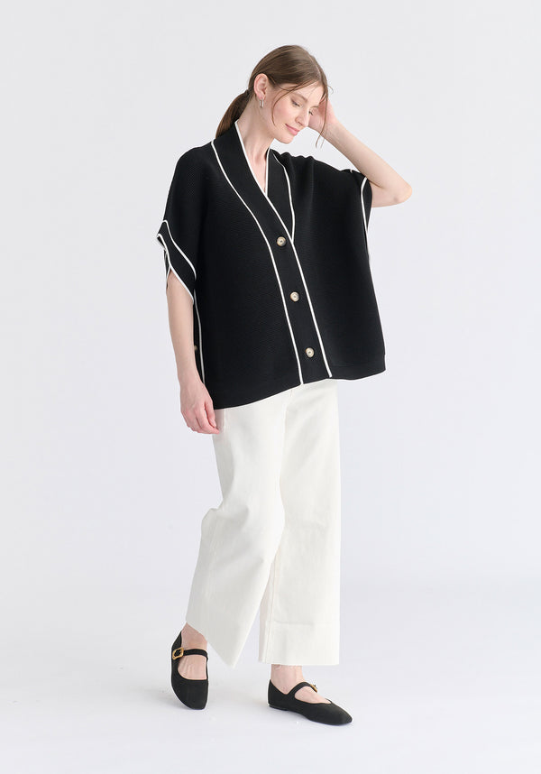 Button Details Kimono Ribbed Cardigan in Black Side