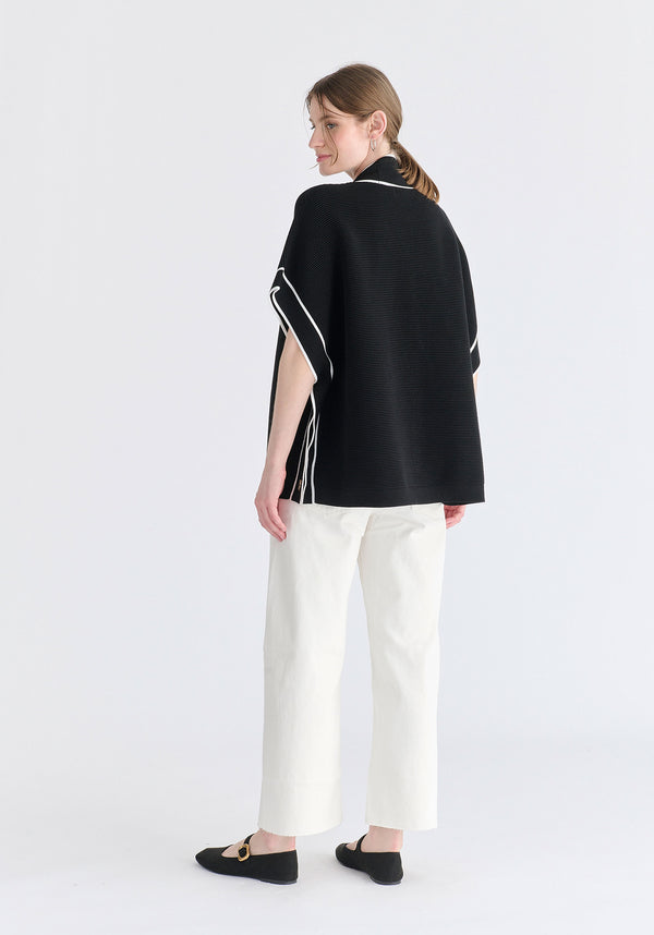 Button Details Kimono Ribbed Cardigan in Black Back