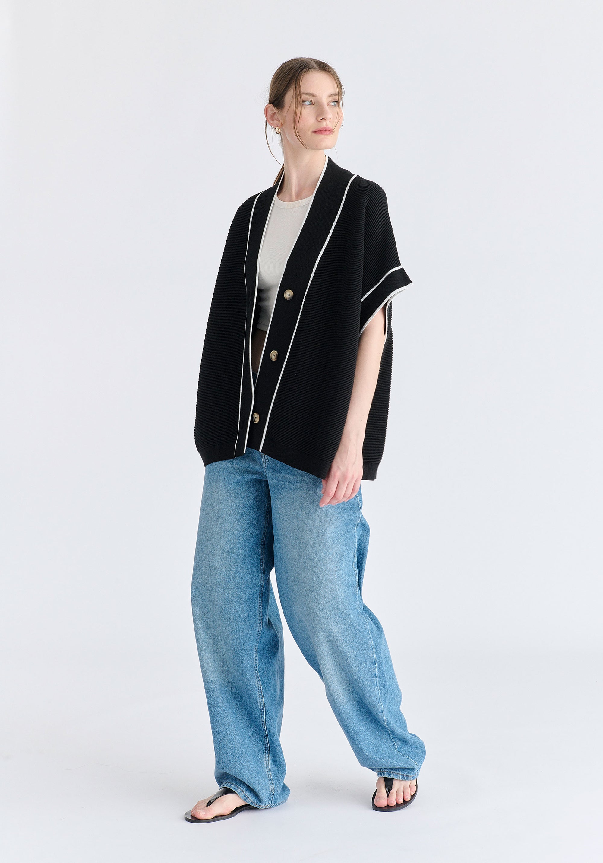 Button Details Kimono Ribbed Cardigan in Black Side
