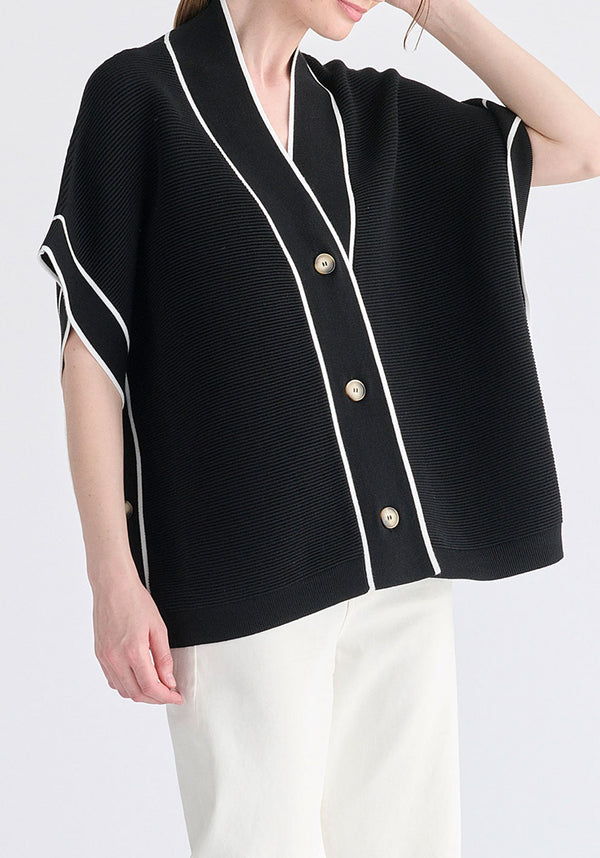 Button Details Kimono Ribbed Cardigan in Black Closeup