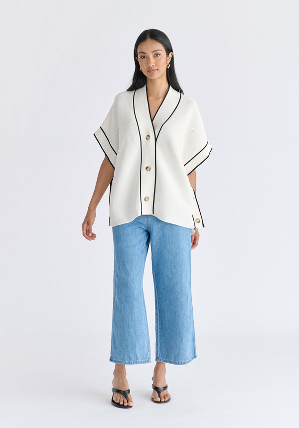 Button Details Kimono Ribbed Cardigan in White Front
