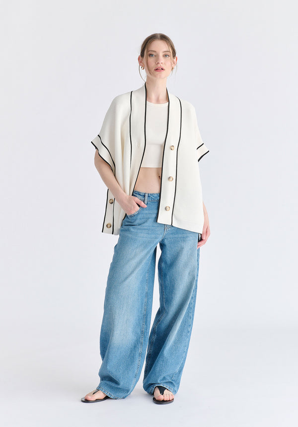 Button Details Kimono Ribbed Cardigan in White Front