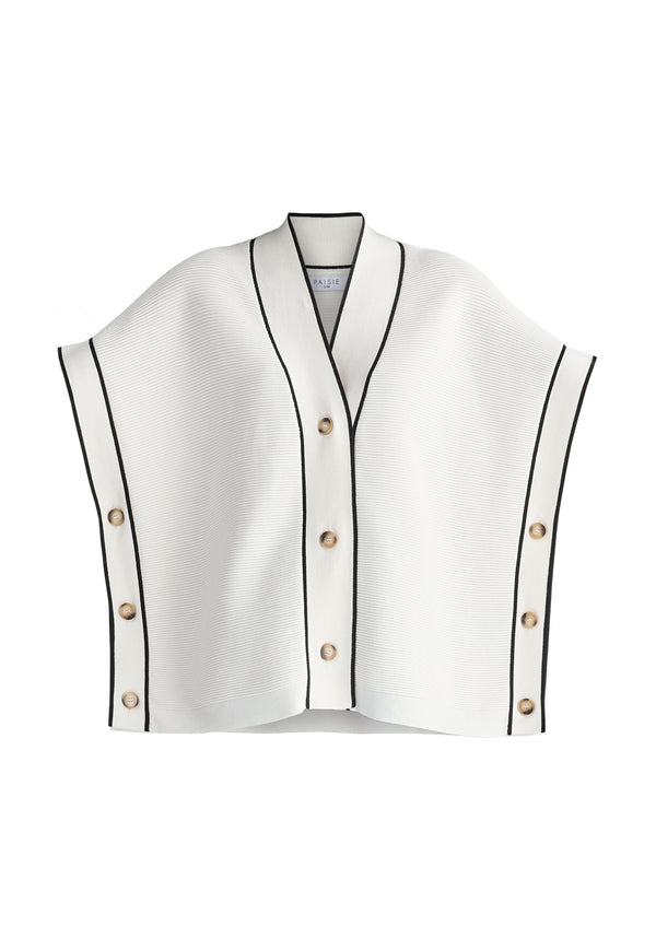 Button Details Kimono Ribbed Cardigan in White Cutout