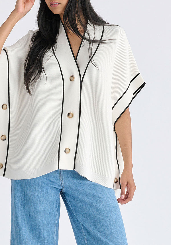 Button Details Kimono Ribbed Cardigan in White Closeup