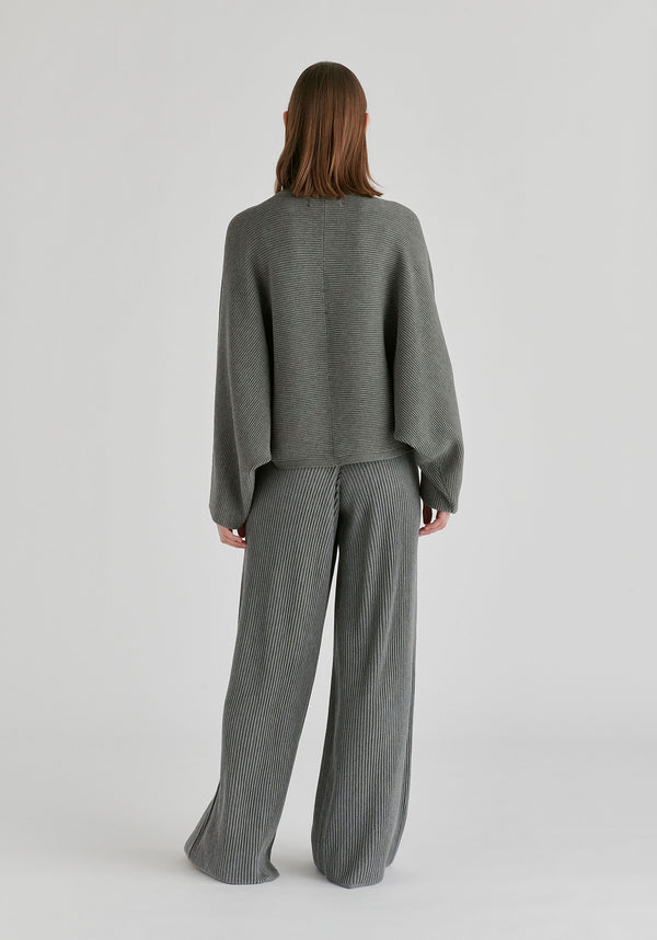 Ribbed Batwing Cardigan with Crew Neck and Button Front in Grey Back