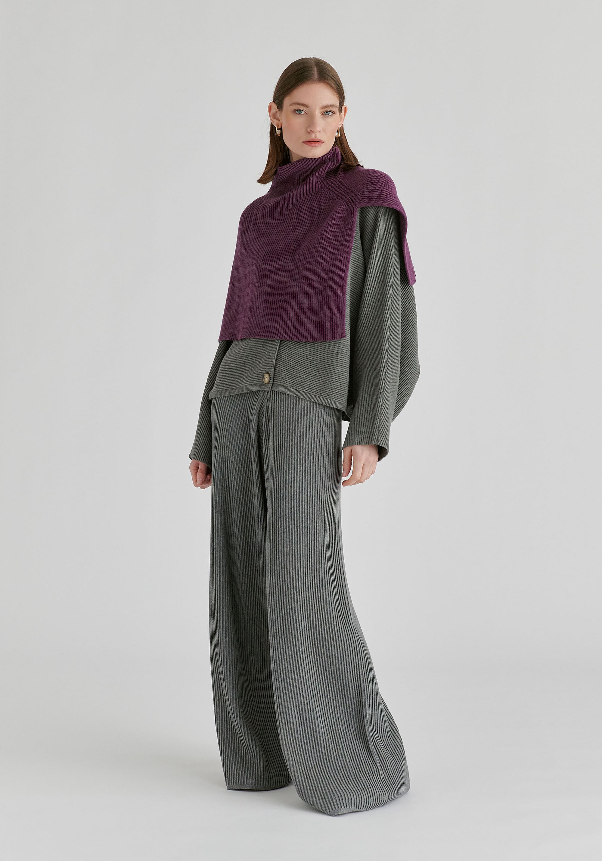 Ribbed Batwing Cardigan with Crew Neck and Button Front